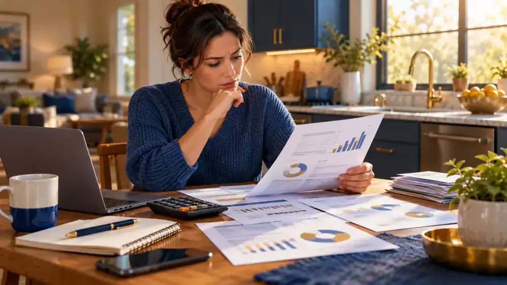 Concerned adult reviewing household financial documents at a kitchen table, representing potential personal liability.