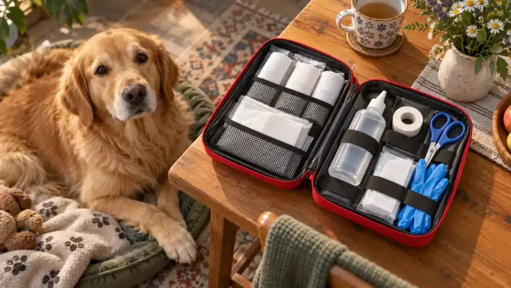 Pet first aid pouch with gauze, nonstick pads, tape, saline, scissors and disposable gloves