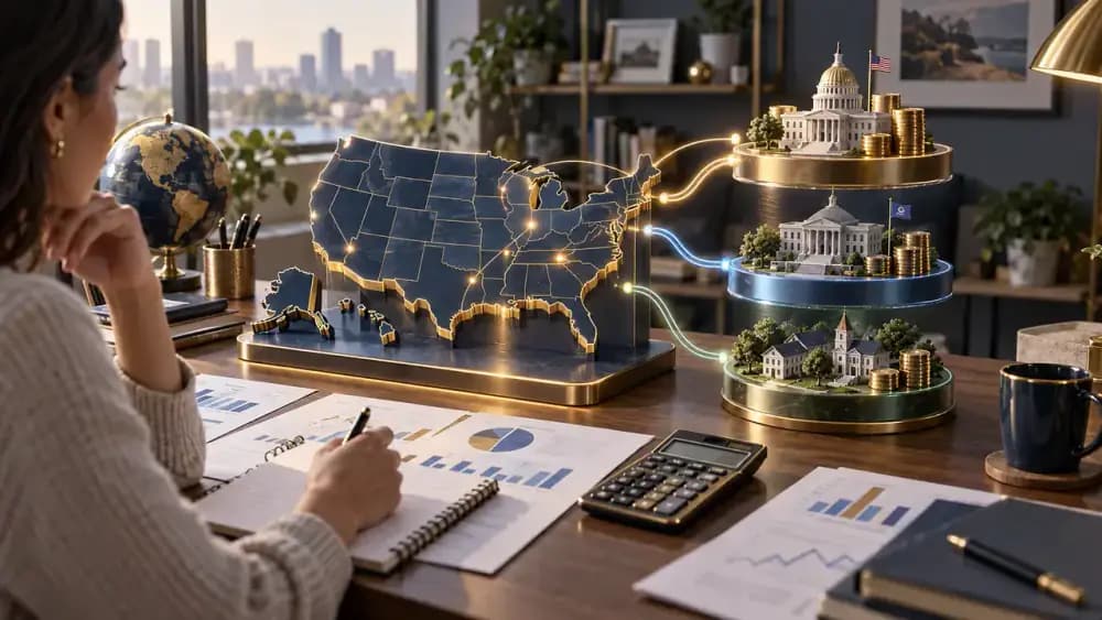 Federal state and local tax considerations shown on a United States map