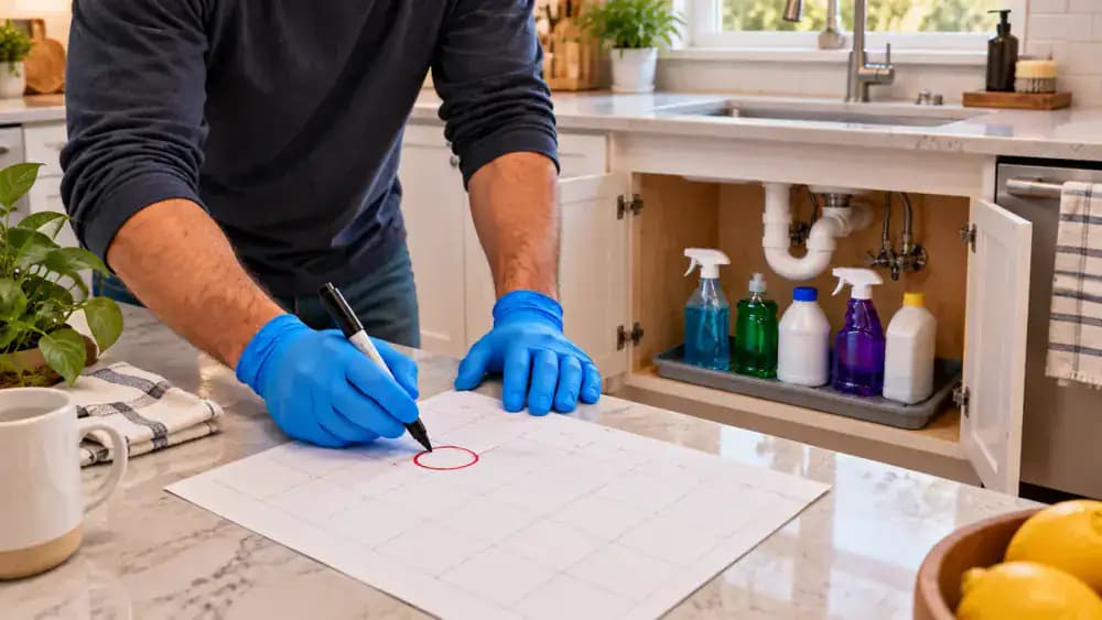 Elevated diagonal view of a kitchen countertop where blue-gloved hands circle a monthly Under-Sink Cabinet Check reminder on a printed calendar, with an open, dry under-sink cabinet, visible plumbing connections, accessible shutoff valves, and sealed cleaning bottles organized in a waterproof contai