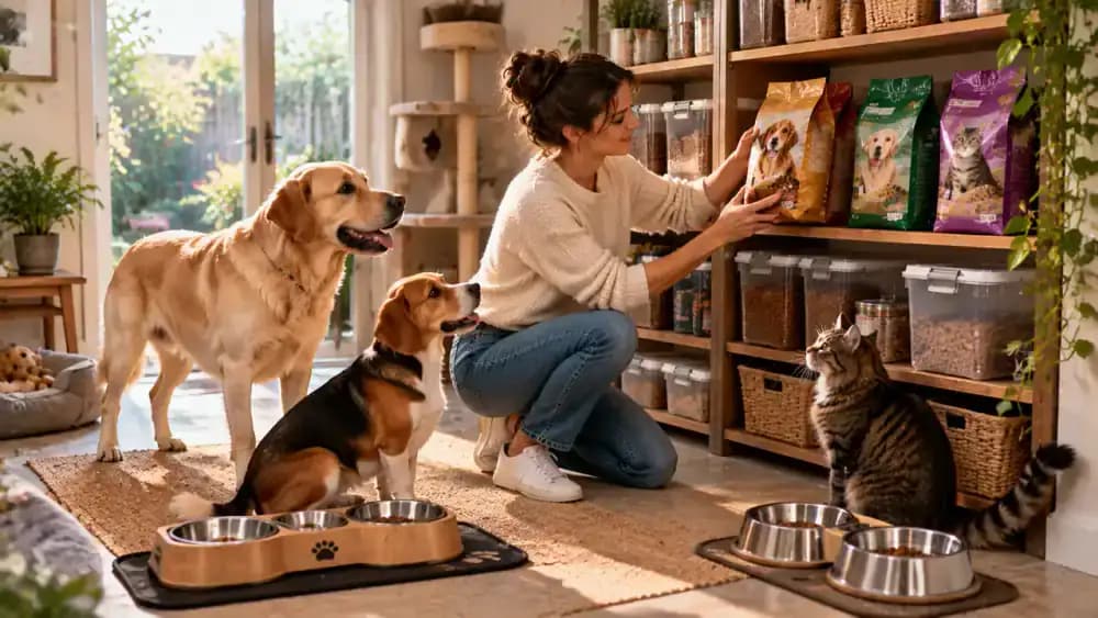 Pet owner checking a food package against a feeding chart beside wooden shelves with separately labeled dog and cat food compartments and dedicated measuring cups, while a Beagle, older Labrador, and tabby cat wait calmly.