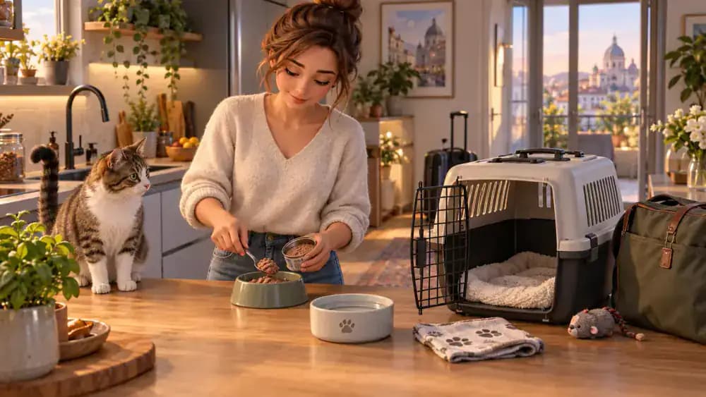 Owner preparing a modest cat meal before a planned trip with carrier nearby