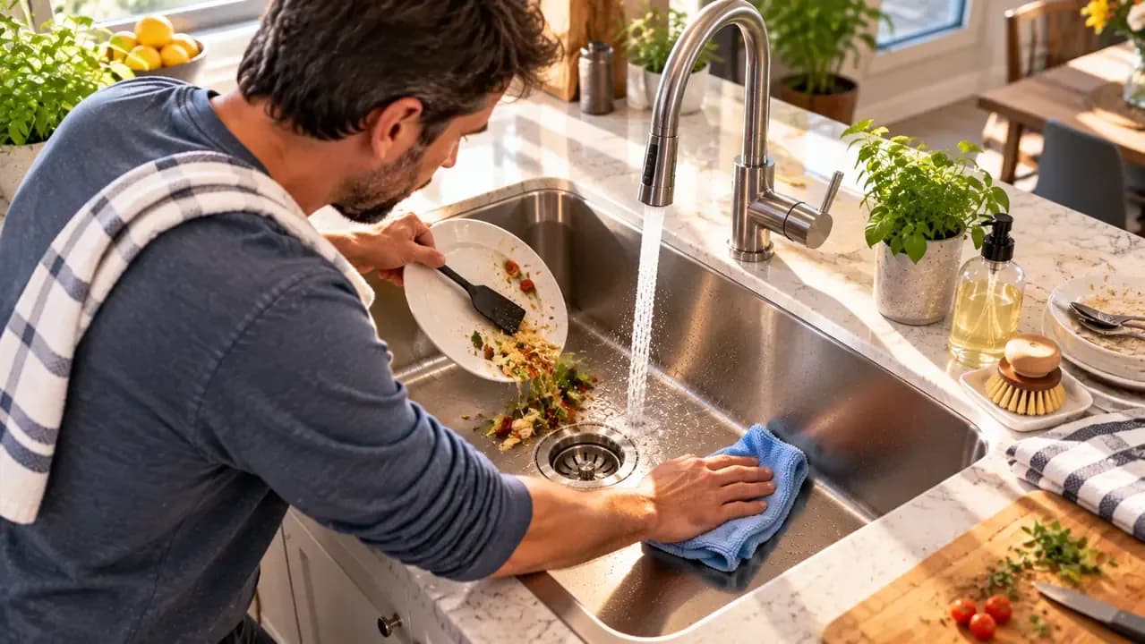 Adult homeowner removing food scraps, rinsing a stainless steel kitchen sink, and drying the basin with a microfiber towel along the metal grain.