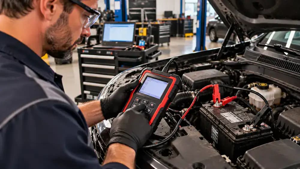 Automotive technician entering battery specifications into a professional electronic battery analyzer before assessing a conventional 12-volt battery under simulated starting load.