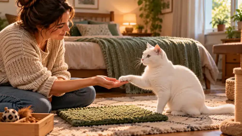 Fluffy white cat resting on a green training mat beside a bedroom window while its owner offers an open palm for a voluntary paw touch.