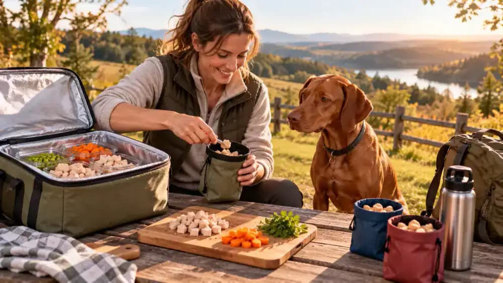 Vizsla standing beside its owner at a shaded countryside picnic table as the owner transfers homemade training treats from an insulated cooler into a clean resealable pouch before a walking trail session.