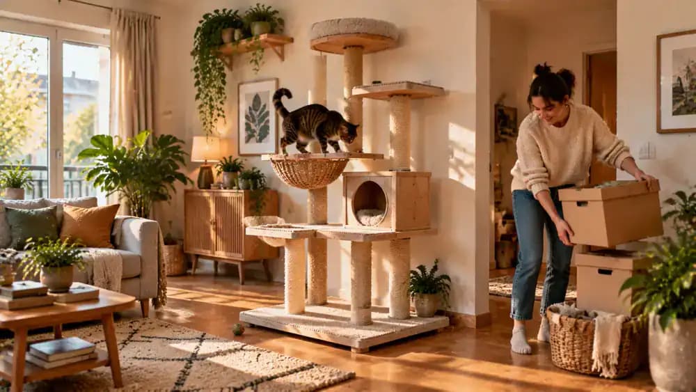 Cat owner removing a wobbly stack of boxes, positioning a properly assembled cat climbing tower against a suitable wall in a rental apartment, and checking its stability before the cat approaches.