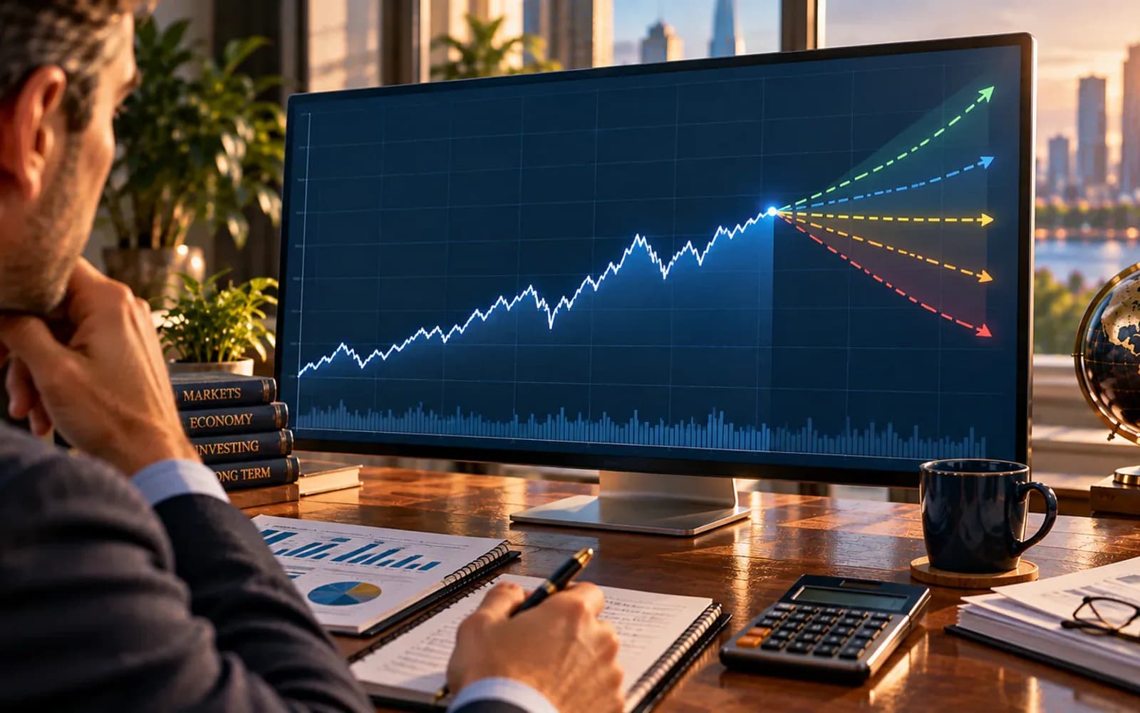 Past performance chart fading into an uncertain future market path