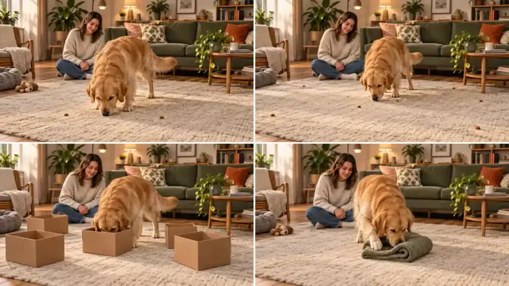 Progressive dog scent game setups showing one difficulty change at a time
