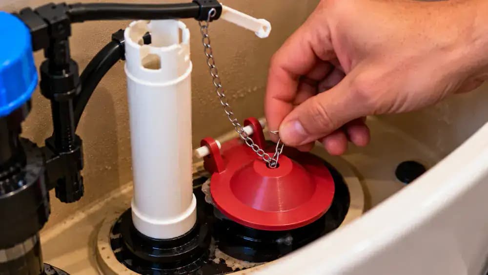 Close-up inside a drained white toilet tank showing a homeowner reconnecting the metal chain of a newly installed black rubber flapper to the flush lever, leaving slight slack while the flapper rests on its valve seat.