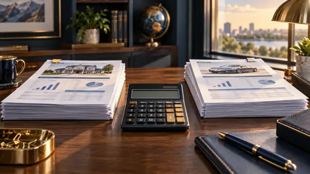Four components of an automotive loan represented by financial objects.