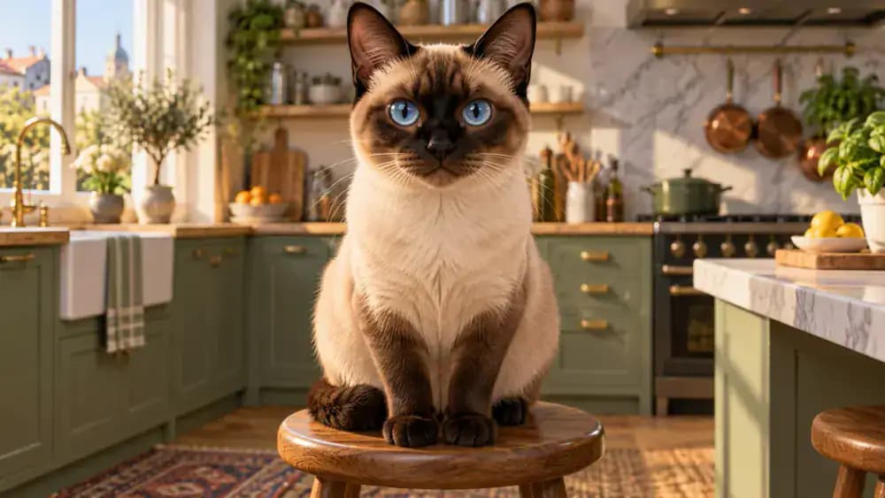 Siamese cat facing forward while its owner visually examines the nose and facial symmetry