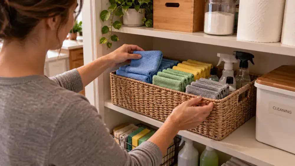 Adult organizing folded sage-green microfiber cleaning cloths in a woven basket on a pantry shelf, with satin-finished light walnut kitchen cabinets visible in the bright modern kitchen behind.