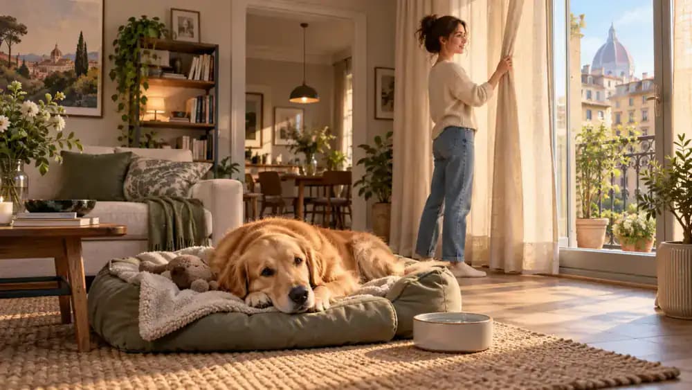Bailey rests on soft bedding beside a water bowl in a peaceful, well-ventilated room. Emma adjusts partially closed curtains near a quiet window, with a wall thermostat visible.