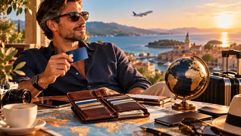 Confident traveler holding an unbranded credit card beside an organized wallet and globe.