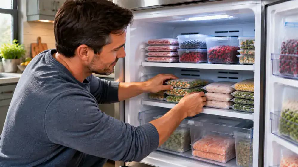 Homeowner arranging frozen packages in a freezer with open spaces between items for improved air circulation and organized storage layout