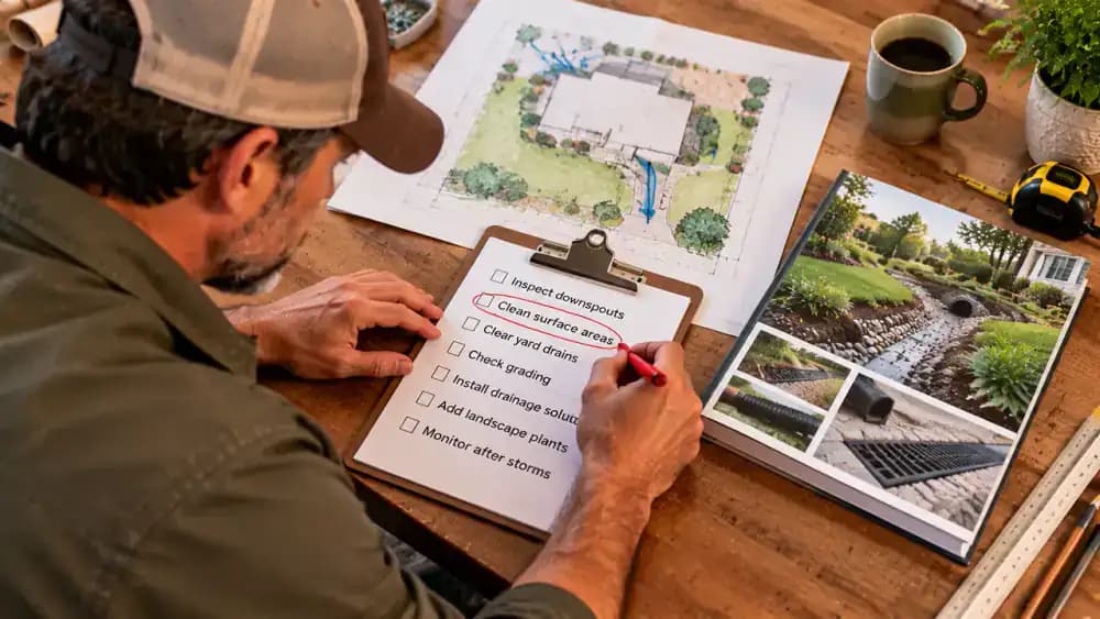 Homeowner at a clean indoor worktable using a pencil to prioritize a surface-cleaning task on a handwritten checklist beside a yard drainage sketch, information folder, and closed catalog of expensive drainage products.