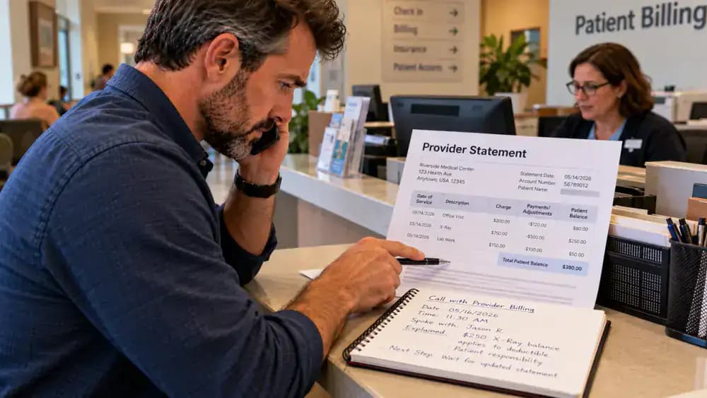 Adult speaking on a smartphone in an outpatient clinic billing office while reviewing a fictional provider bill and recording the representative's name, call date, balance explanation, and follow-up in a notepad.