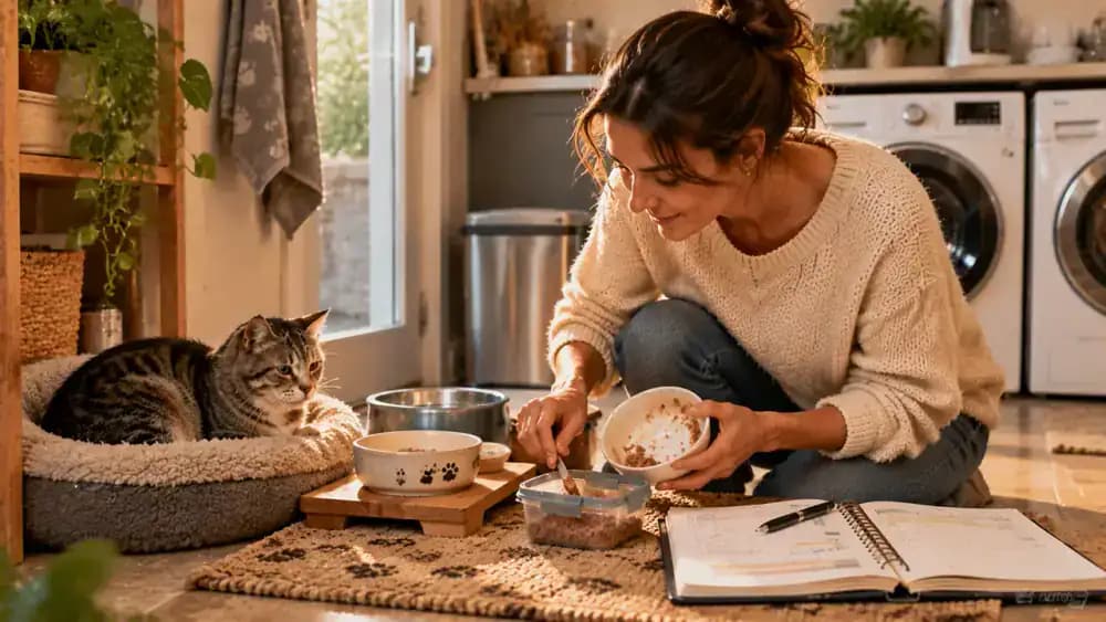 Adult removing a partially eaten wet food dish from an older gray tabby's feeding mat and recording the remaining amount in an appetite journal in a clean, softly lit laundry room.