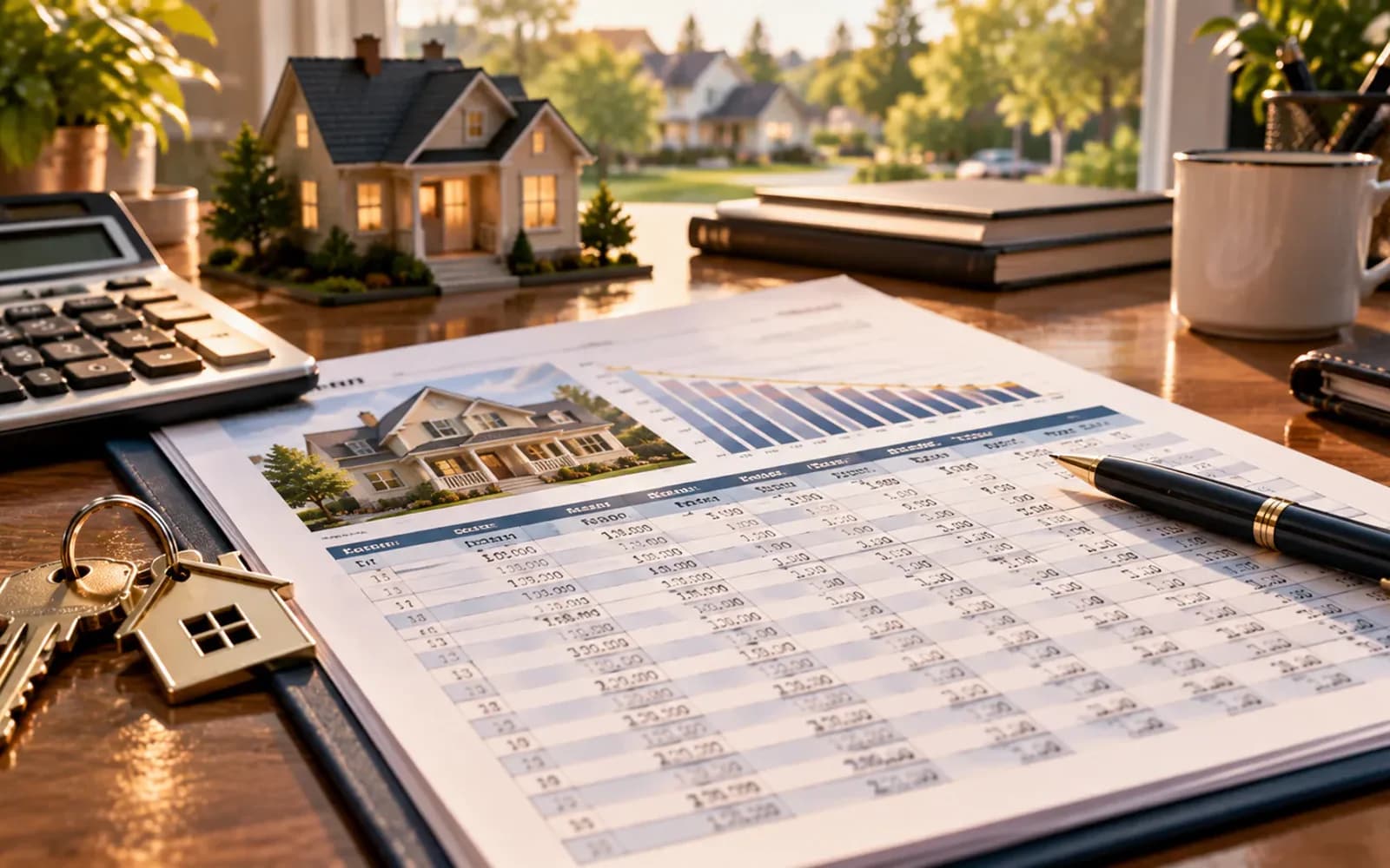 Mortgage amortization calendar beside house keys