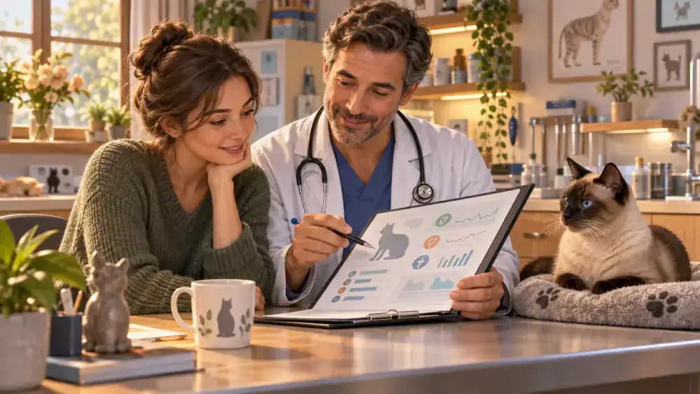 Veterinarian and cat owner reviewing an ongoing care summary for an older Siamese cat