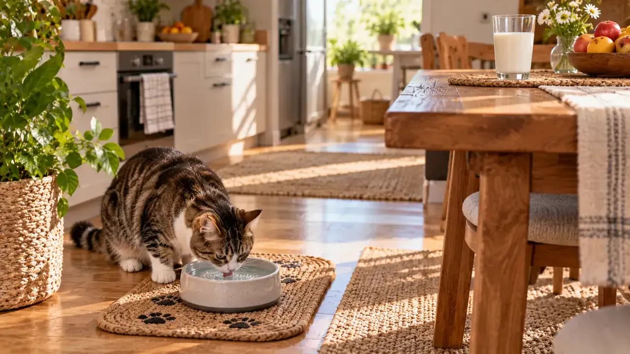 Clean water being offered to a cat while a glass of regular cow's milk is kept away
