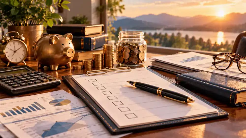 Retirement planning checklist beside organized annuity documents and a pen.
