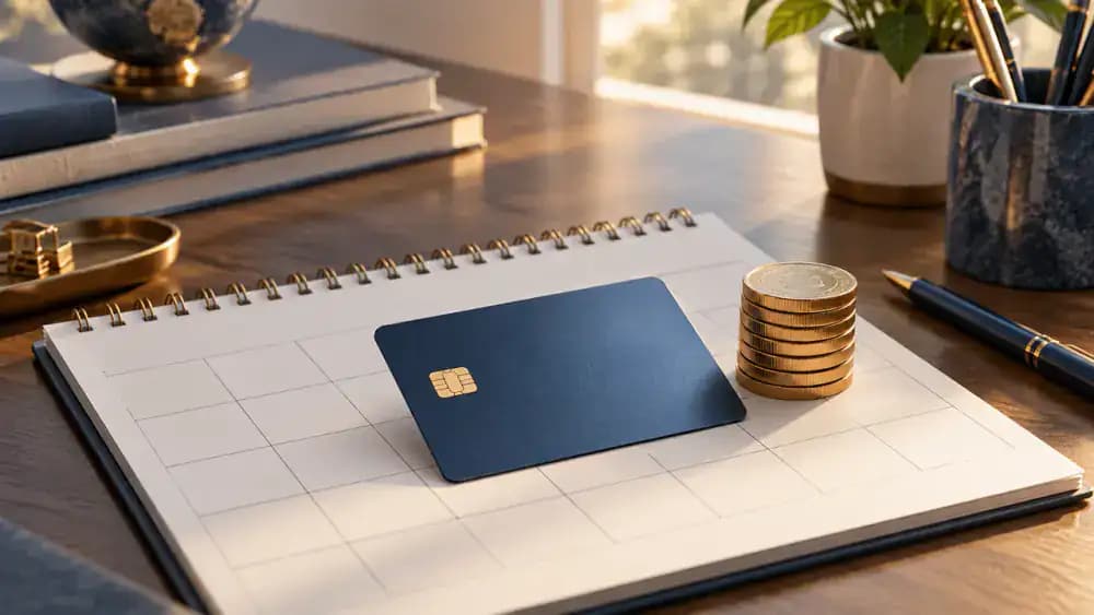 A blank credit card resting on a paper calendar beside a small stack of coins, representing an annual membership charge.