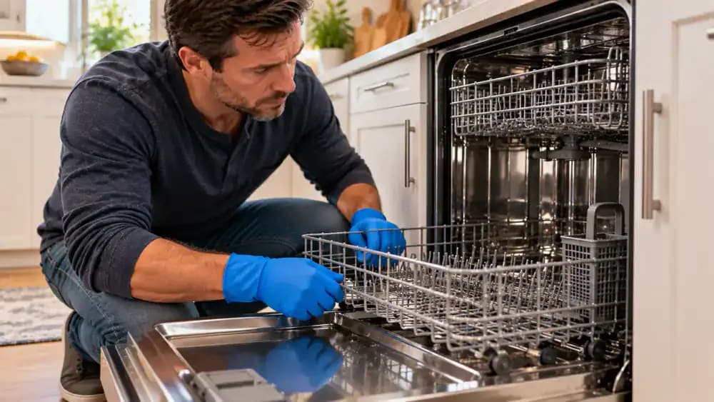Adult sliding a dishwasher lower rack back onto both rails, checking the empty tub, closing the door, and restoring power according to the owner manual.