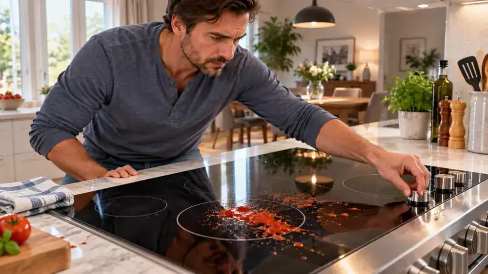 Person cleaning a small tomato sauce splatter from a fully cooled black glass-ceramic electric cooktop with a clean microfiber cloth in a modern American kitchen, after switching off the burner and moving a saucepan onto a heat-safe trivet.