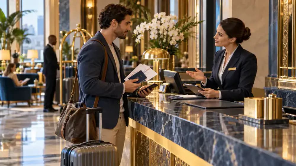 Hotel guest discussing a booking problem with hotel management