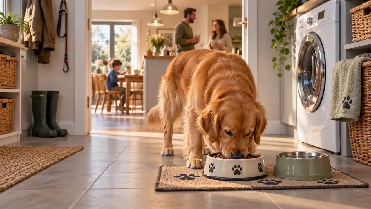 Dog eating calmly on a feeding mat in a quiet corner away from household activity