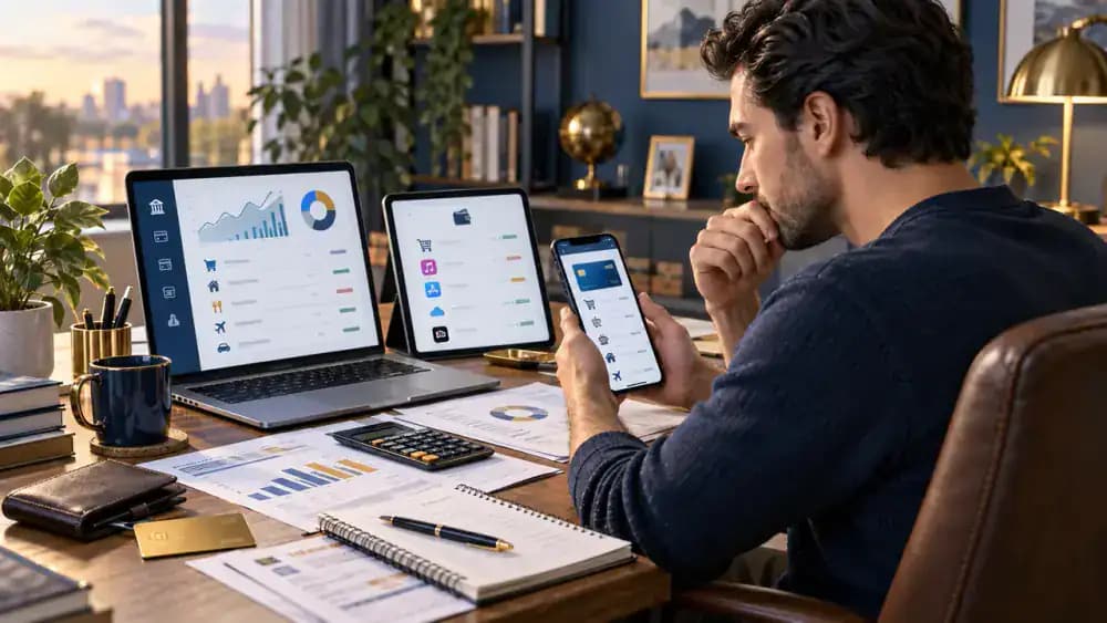 Person reviewing multiple financial accounts for recurring charges