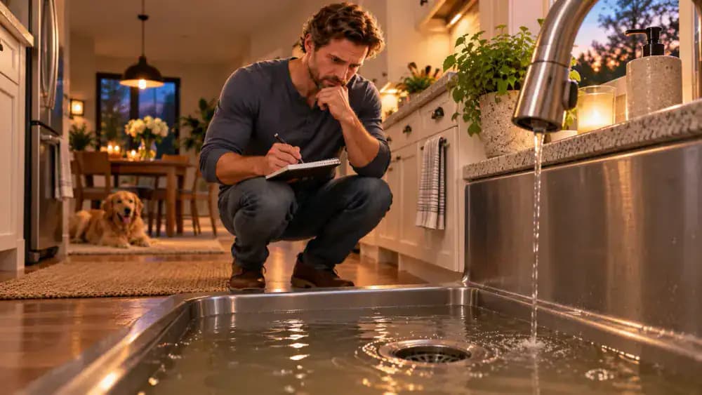 Homeowner safely observing slow-draining water in a kitchen sink beside an unused garbage disposal while noting recurring odor and drainage problems on a notepad, with no cleaners or tools near the opening.