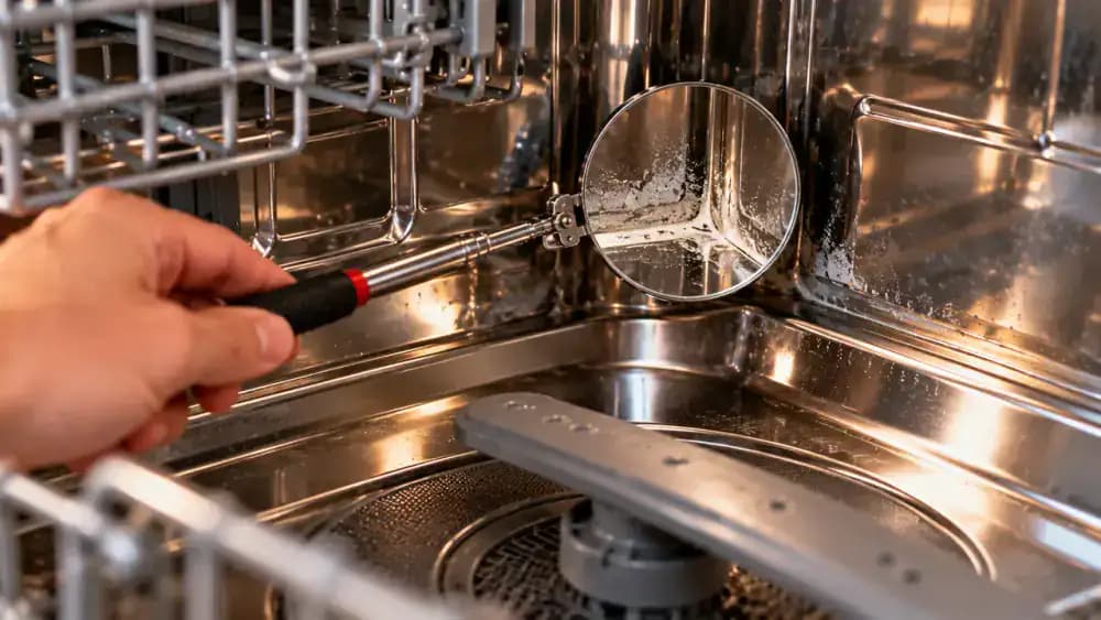 Inside view of an empty stainless steel dishwasher as a person uses a rounded inspection mirror and LED light to examine white mineral deposits along a rear wall seam, comparing the area with an earlier photograph and marking remaining residue on a paper diagram.