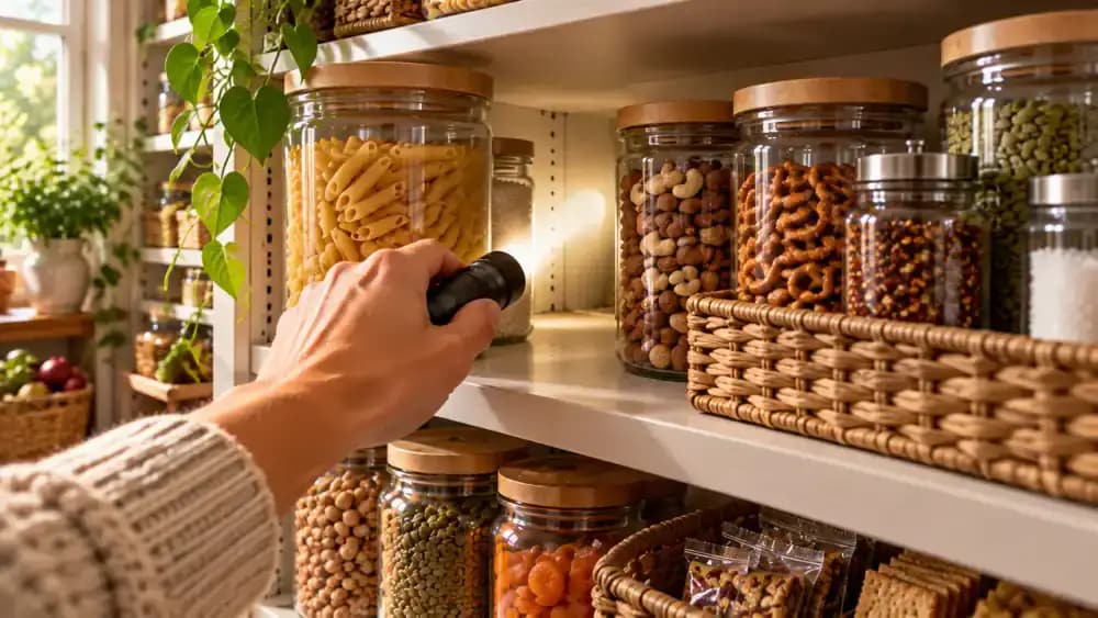 First-person view of an organized kitchen pantry as a hand uses an LED flashlight to inspect laminate shelf edges, sealed food packages, an olive oil bottle, and a cleaned spot beneath seasoning containers.