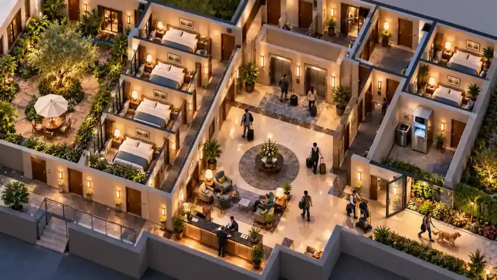 Illustrated hotel floor plan highlighting busy elevators, an ice machine, an event hall, quieter courtyard-facing rooms, and a route to an outdoor garden exit, alongside a comparison of busy and peaceful hotel corridors.