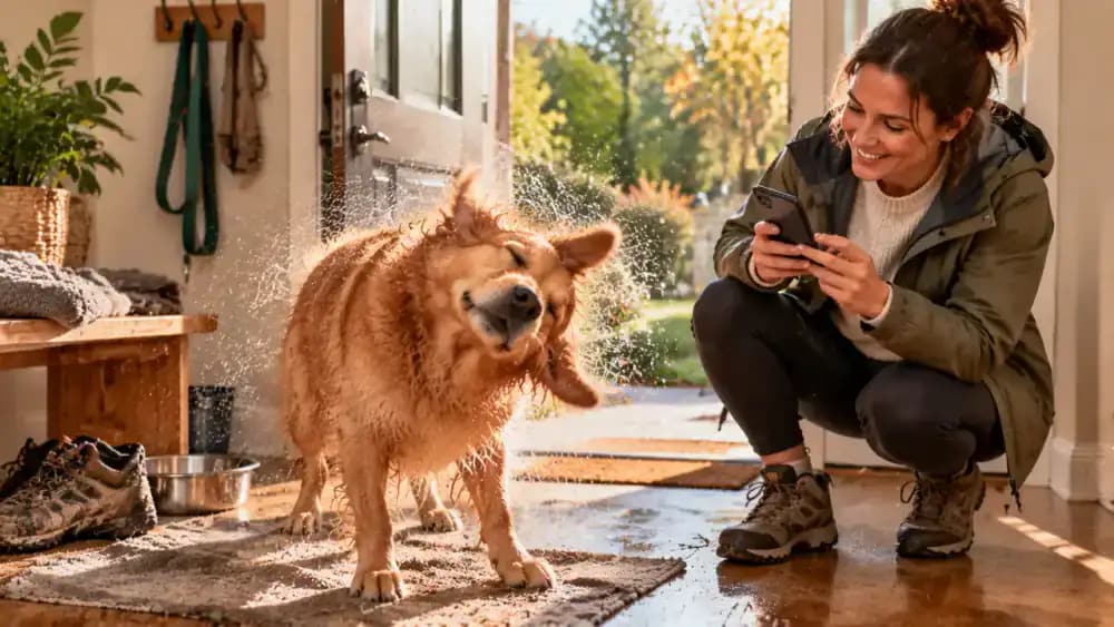 Owner noticing a dog shaking its head after a park walk, recording the time and recent activity in a phone note, and contacting the veterinary clinic.