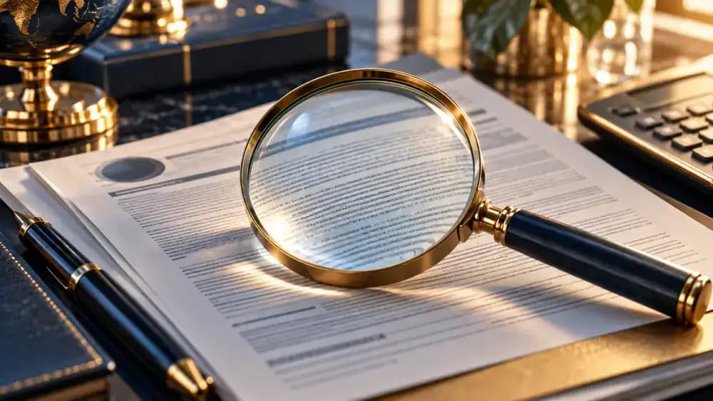 Magnifying glass resting on a detailed but unreadable insurance contract.