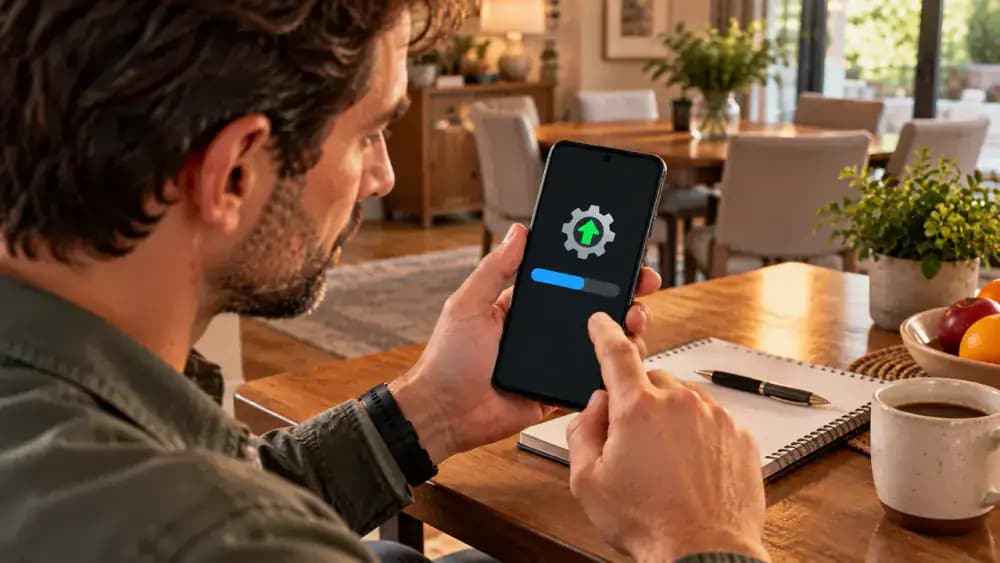 Android smartphone on a tabletop stand in a bright dining room displaying Settings, System, and Software update, with illustrative official update details and built-in backup settings being reviewed before installation.