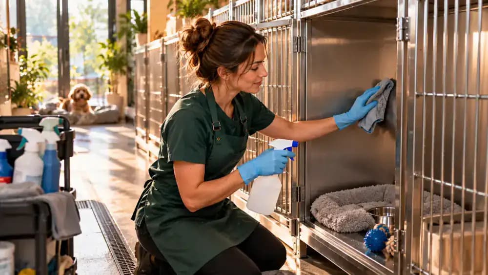 Boarding facility employee wearing protective gloves while disinfecting an empty animal enclosure, sanitized feeding bowls drying on shelves, clean litter tray, completed sanitation log, and prepared isolation room.