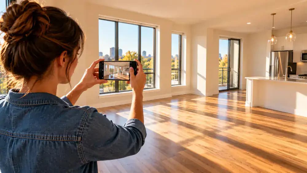 New tenant photographing an empty rental apartment with a smartphone before unpacking furniture and moving boxes.