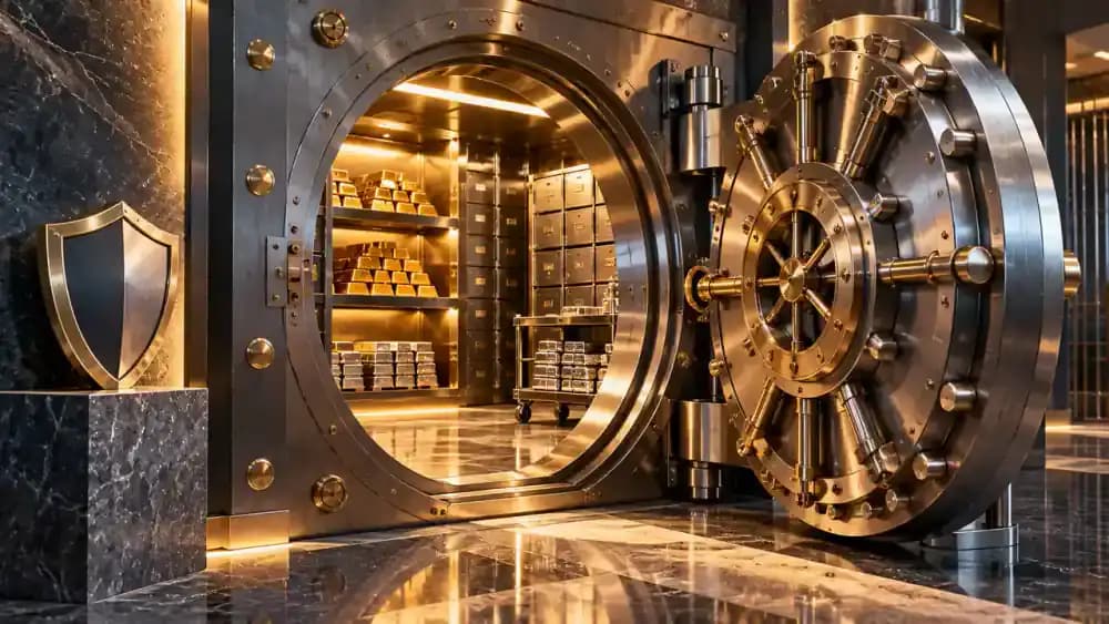Secure bank vault with a protective shield symbol representing federally insured deposits.