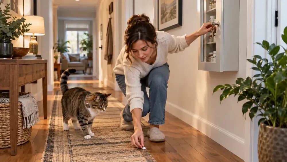 Owner retrieving a dropped tablet from the floor before a cat reaches it and closing the medicine cabinet
