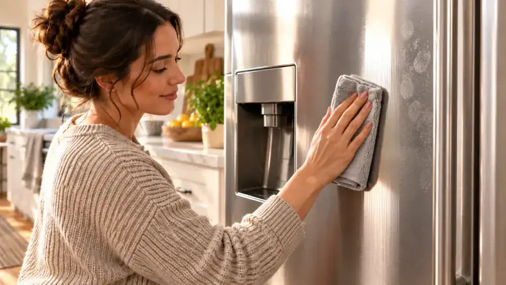 Side-angle inspection of a stainless steel beverage center door in natural window light, showing one small streak near the center as a person points to it before wiping with a clean microfiber cloth.