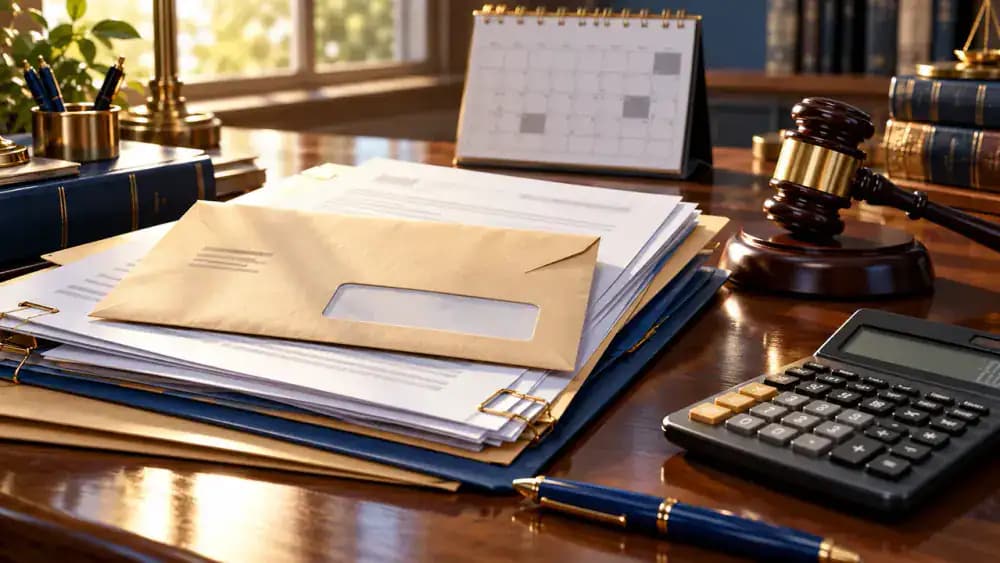 A court envelope and legal documents beside a calendar and wooden gavel.