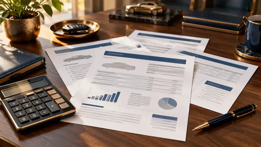 Several unbranded auto loan proposals arranged across a wooden desk for side-by-side review.