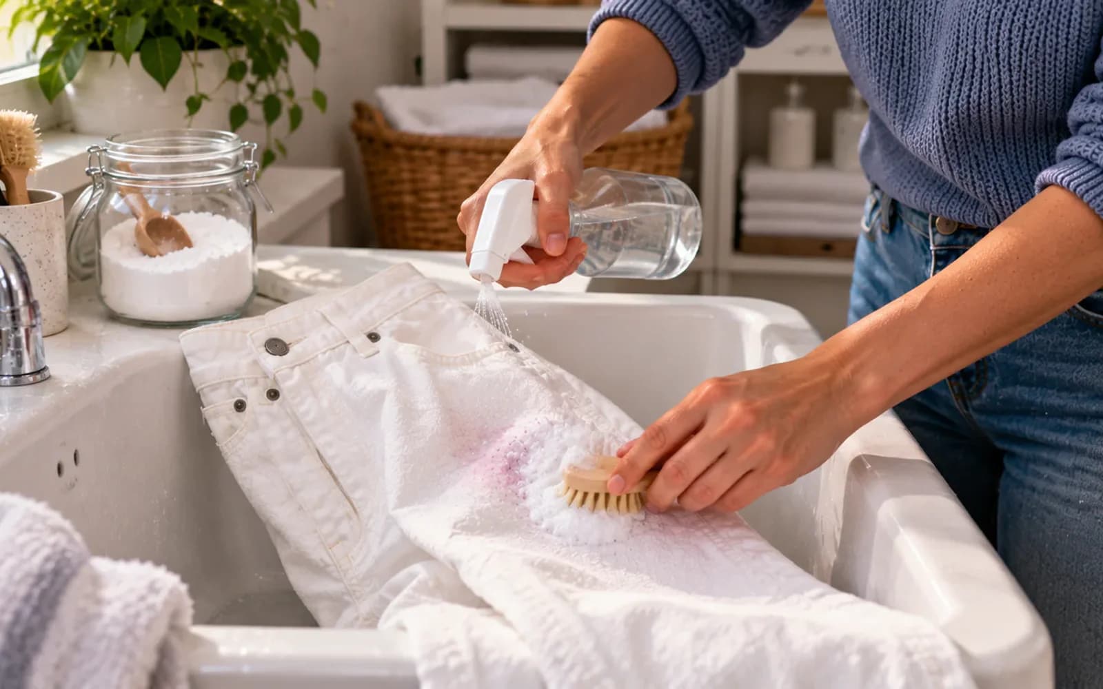 Close-up of air-dried white jeans over a utility basin as a person dampens a faint red wine shadow, applies oxygen stain treatment, and works it into the denim with gloved fingers.