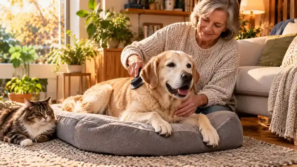 Senior Labrador with a graying muzzle resting on a thick orthopedic cushion while its owner gently brushes its shoulder, with an older long-haired cat relaxing on a low padded bench nearby.