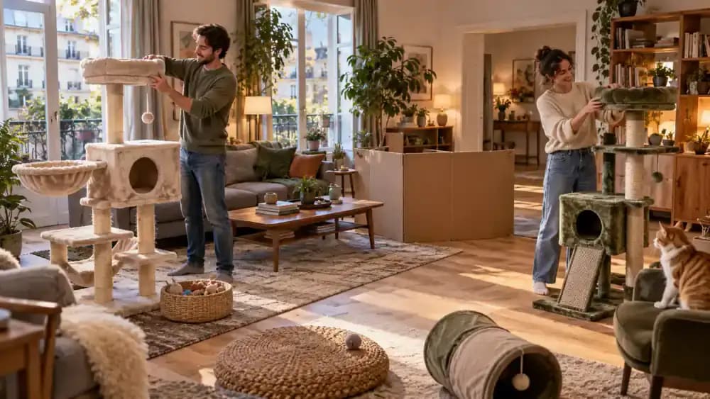 Spacious living room prepared with two cat trees, open walking routes, and a cardboard safety barrier